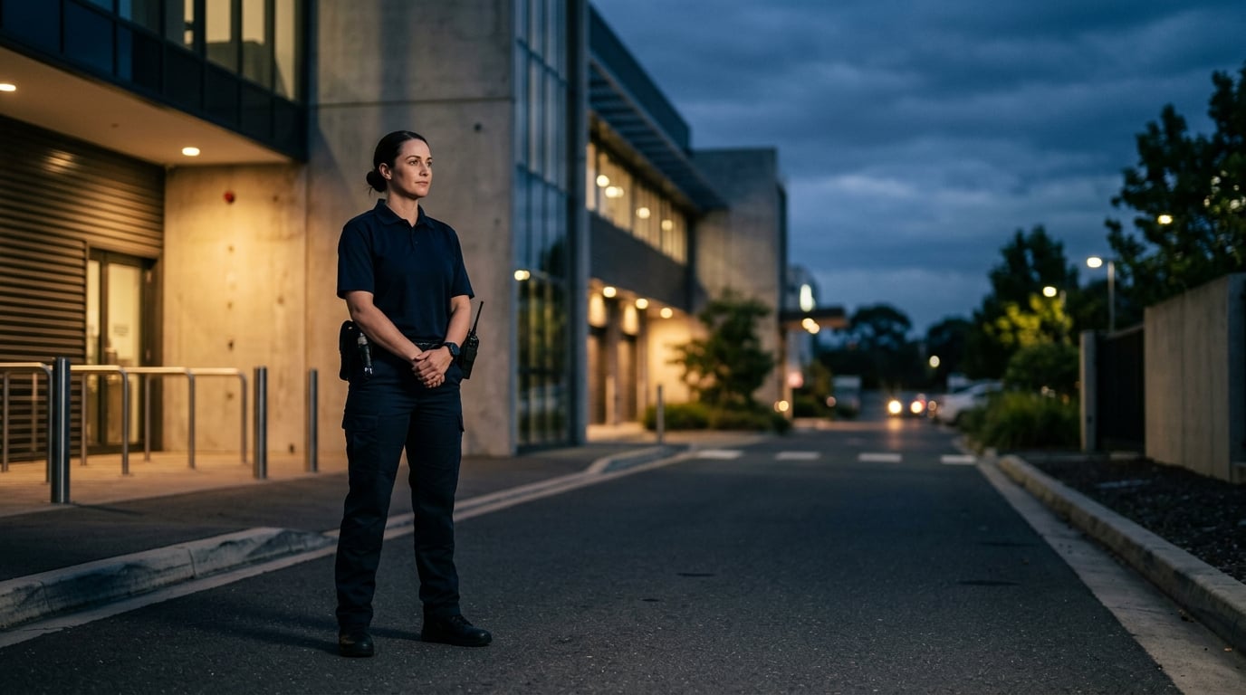 Professional Westgate Security officer on duty at a commercial site at dusk